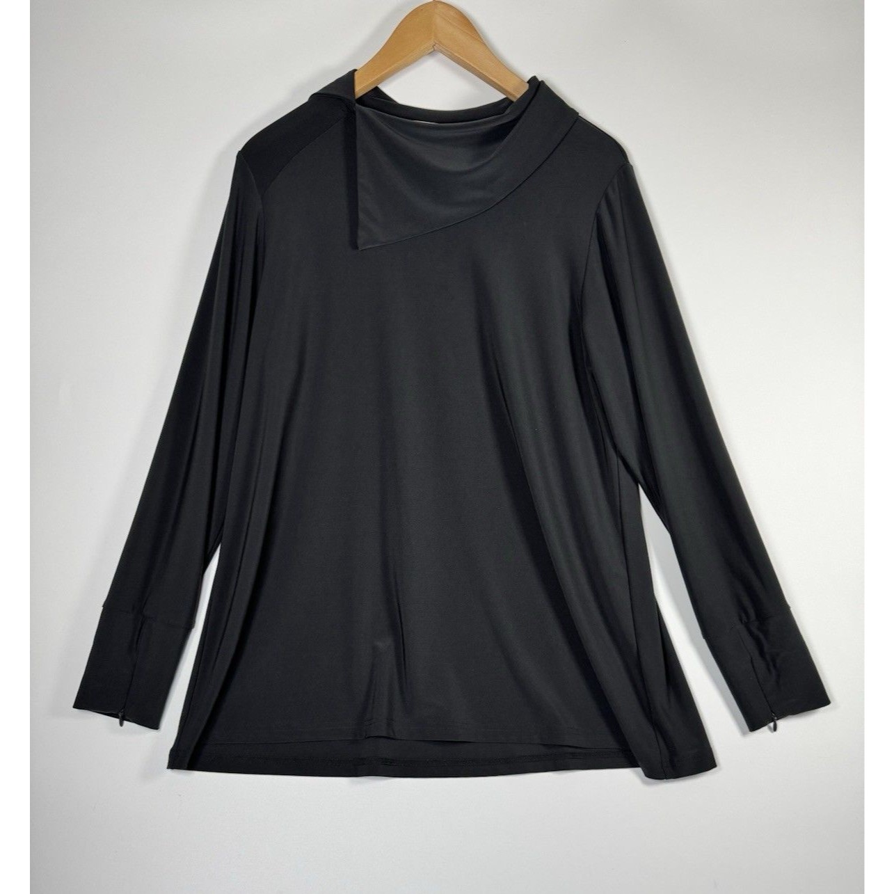 Sympli Tunic Top Women 12 Black Cowl Neck Asymmetrical Stretch Travel Minimalist